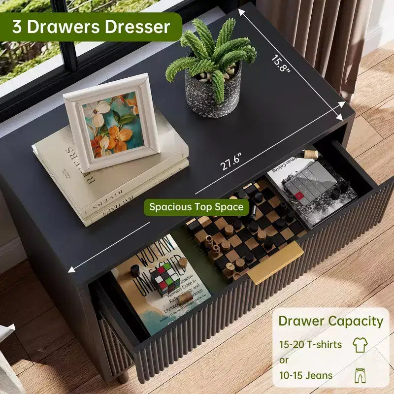 Commode cannelée à 3 tiroirs, lot de 2 commodes en bois, commode de rangement avec pieds en métal et dispositif anti-basculement pour chambre à coucher et salon, noir