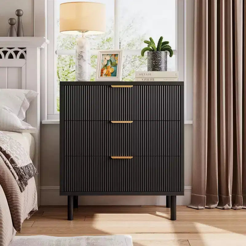 Commode cannelée à 3 tiroirs, lot de 2 commodes en bois, commode de rangement avec pieds en métal et dispositif anti-basculement pour chambre à coucher et salon, noir