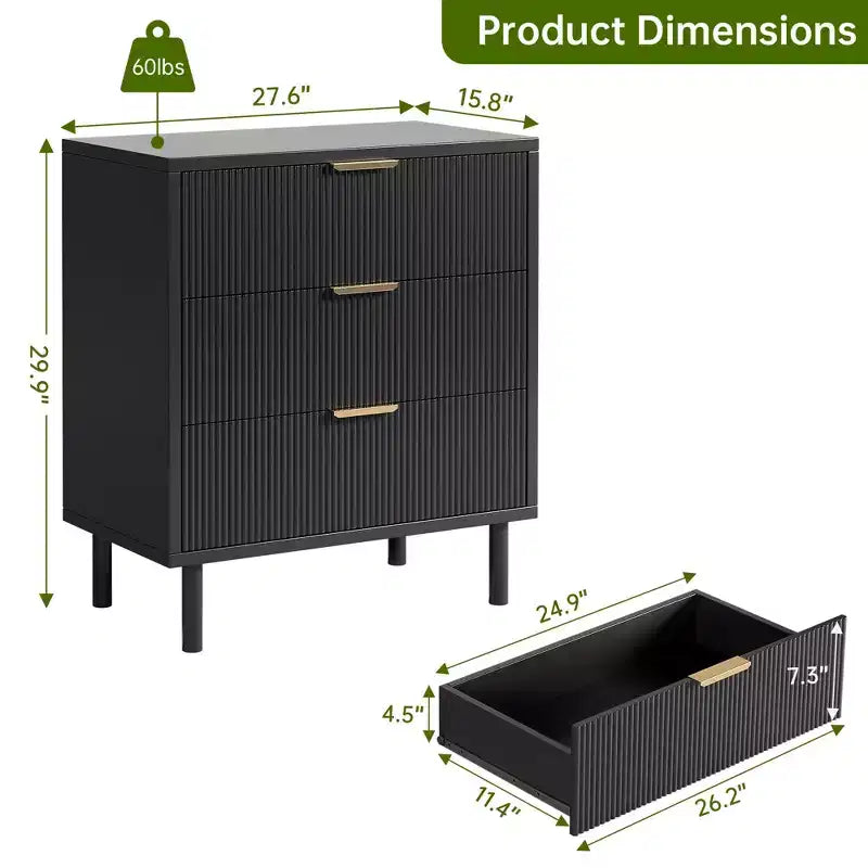 Commode cannelée à 3 tiroirs, lot de 2 commodes en bois, commode de rangement avec pieds en métal et dispositif anti-basculement pour chambre à coucher et salon, noir