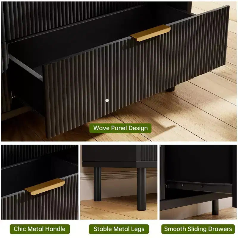 Commode cannelée à 3 tiroirs, lot de 2 commodes en bois, commode de rangement avec pieds en métal et dispositif anti-basculement pour chambre à coucher et salon, noir