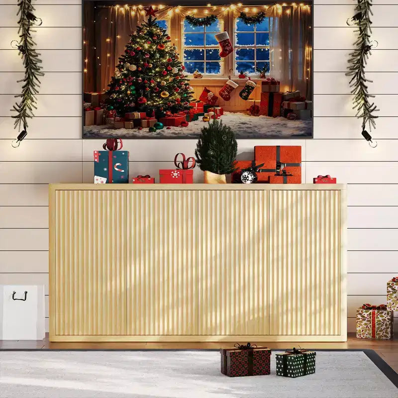 COZONY Buffet bas 66 cannelé avec rangement, enfilade moderne à 4 portes avec étagères réglables pour salle à manger ou salon