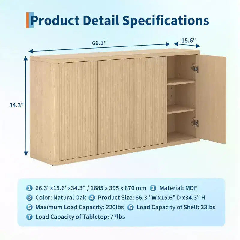 COZONY Buffet bas 66 cannelé avec rangement, enfilade moderne à 4 portes avec étagères réglables pour salle à manger ou salon