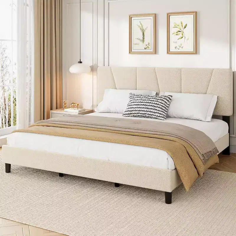 DobleePy King Size Beige Geometric Pattern Upholstered Platform Bed Frame, Adjustable Headboard, Wooden Slats Support, No Box Spring Needed