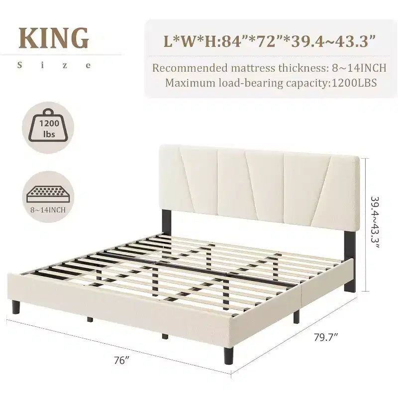 Cadre de lit plateforme capitonné à motif géométrique beige King Size DobleePy, tête de lit réglable, support à lattes en bois, pas besoin de sommier tapissier