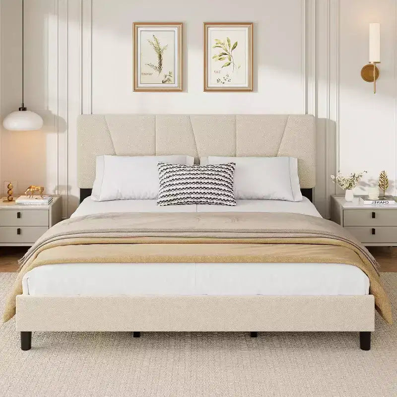 Cadre de lit plateforme capitonné à motif géométrique beige King Size DobleePy, tête de lit réglable, support à lattes en bois, pas besoin de sommier tapissier