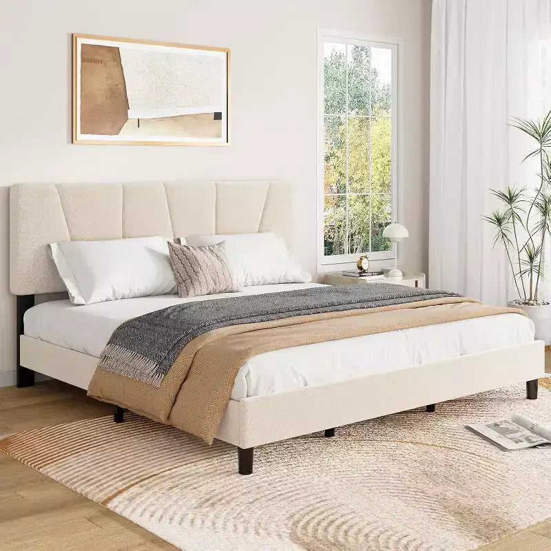 Cadre de lit plateforme capitonné à motif géométrique beige King Size DobleePy, tête de lit réglable, support à lattes en bois, pas besoin de sommier tapissier