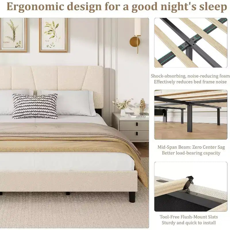 Cadre de lit plateforme capitonné à motif géométrique beige King Size DobleePy, tête de lit réglable, support à lattes en bois, pas besoin de sommier tapissier