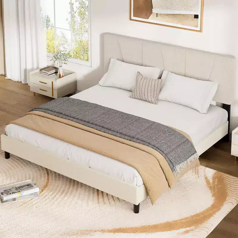 Cadre de lit plateforme capitonné à motif géométrique beige King Size DobleePy, tête de lit réglable, support à lattes en bois, pas besoin de sommier tapissier