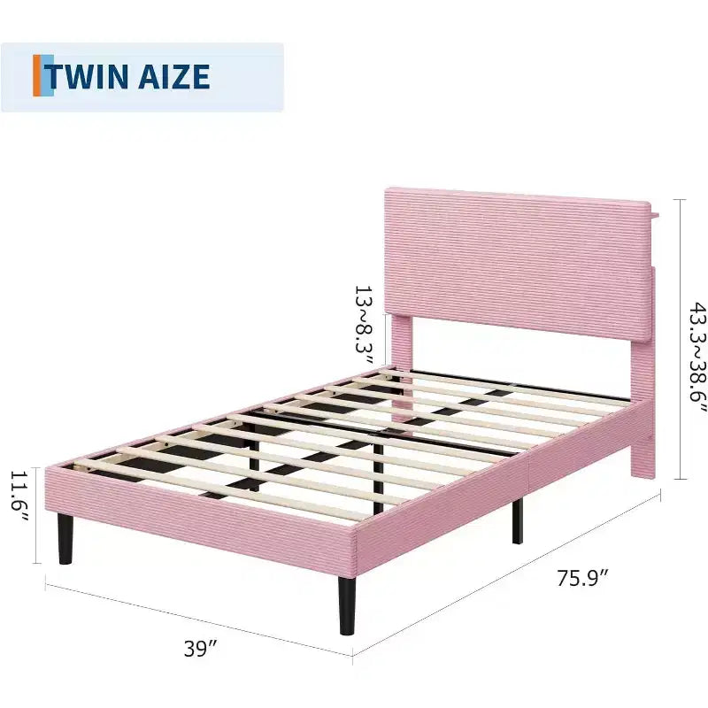 Cadre de lit plateforme capitonné rose DobleePy Twin Size avec tête de lit de rangement et station de recharge, en velours côtelé, silencieux, sans sommier tapissier