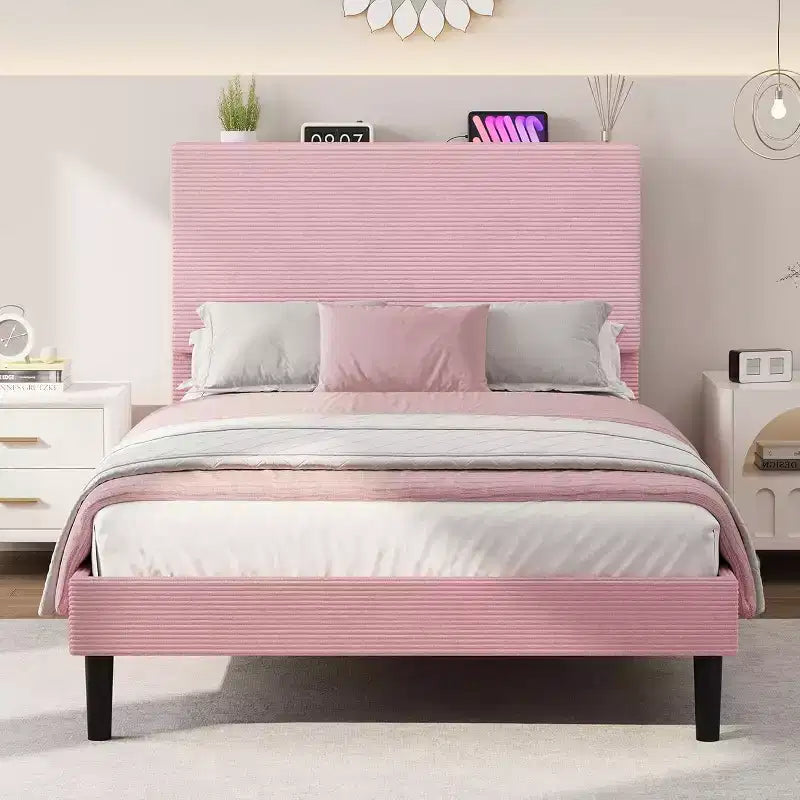 Cadre de lit plateforme capitonné rose DobleePy Twin Size avec tête de lit de rangement et station de recharge, en velours côtelé, silencieux, sans sommier tapissier