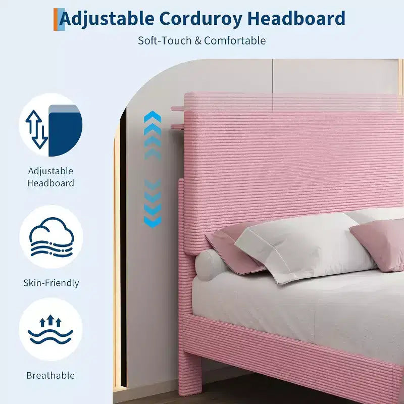 Cadre de lit plateforme capitonné rose DobleePy Twin Size avec tête de lit de rangement et station de recharge, en velours côtelé, silencieux, sans sommier tapissier