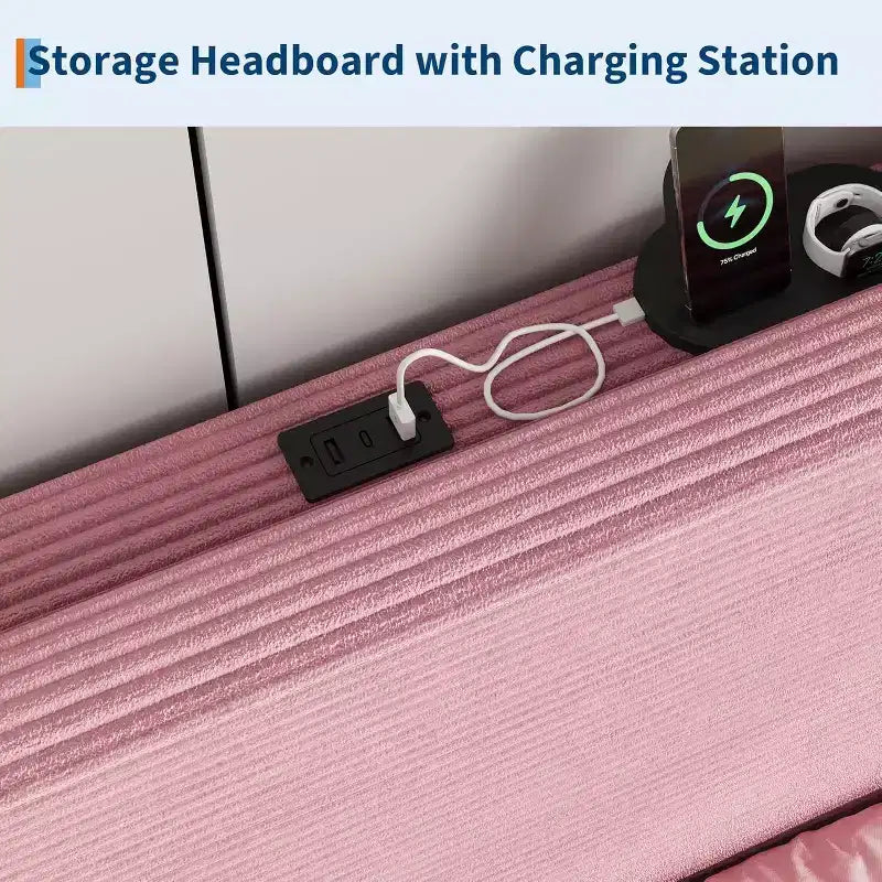 Cadre de lit plateforme capitonné rose DobleePy Twin Size avec tête de lit de rangement et station de recharge, en velours côtelé, silencieux, sans sommier tapissier