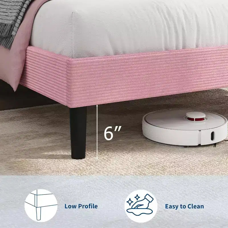 Cadre de lit plateforme capitonné rose DobleePy Twin Size avec tête de lit de rangement et station de recharge, en velours côtelé, silencieux, sans sommier tapissier