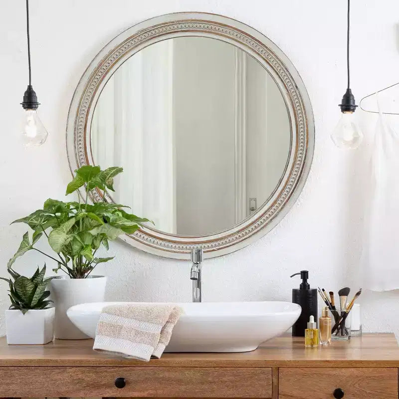 GDFStudio Willowcrest 23.6 Round Vintage Farmhouse Wall Mirror with Beaded Wood Frame