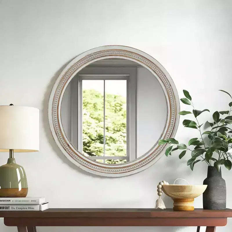 Miroir mural rond GDFStudio Willowcrest 23,6 de style ferme vintage avec cadre en bois perlé