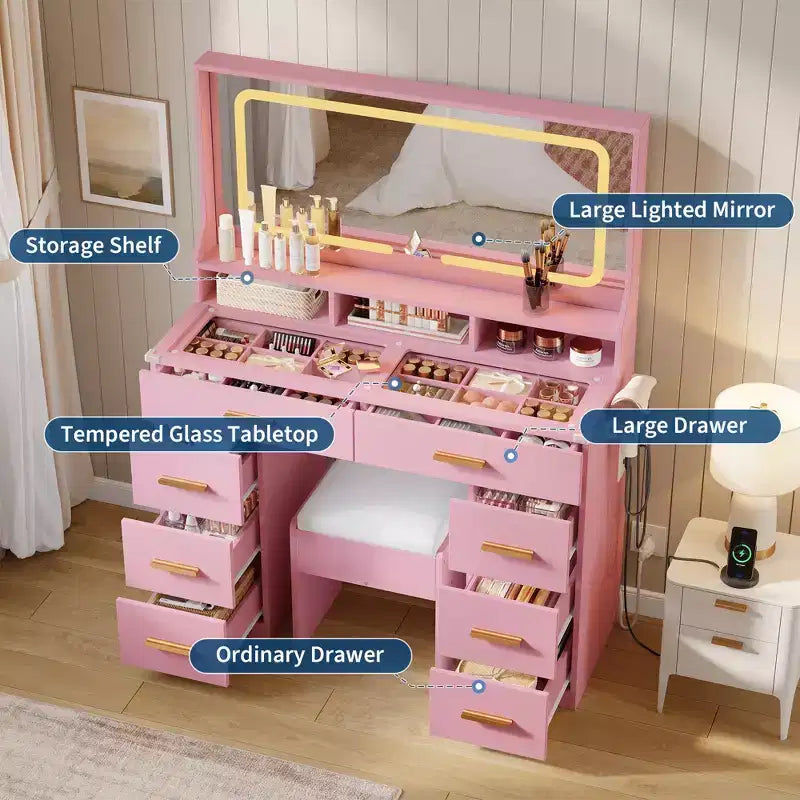Coiffeuse avec grand miroir, table de maquillage blanche avec plateau en verre et 8 tiroirs, tabouret inclus pour chambre à coucher