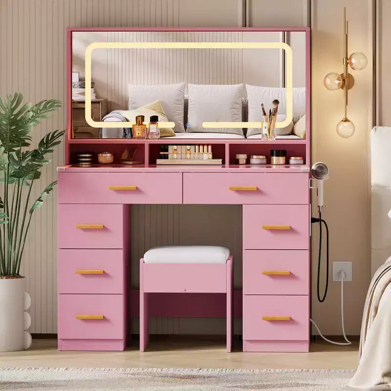 Coiffeuse avec grand miroir, table de maquillage blanche avec plateau en verre et 8 tiroirs, tabouret inclus pour chambre à coucher