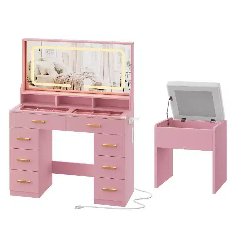 Coiffeuse avec grand miroir, table de maquillage blanche avec plateau en verre et 8 tiroirs, tabouret inclus pour chambre à coucher