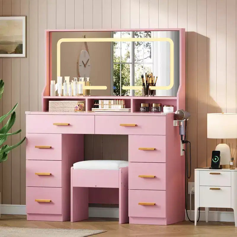 Coiffeuse avec grand miroir, table de maquillage blanche avec plateau en verre et 8 tiroirs, tabouret inclus pour chambre à coucher