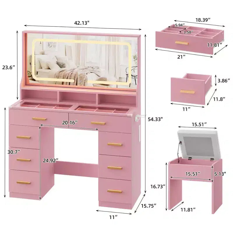 Coiffeuse avec grand miroir, table de maquillage blanche avec plateau en verre et 8 tiroirs, tabouret inclus pour chambre à coucher