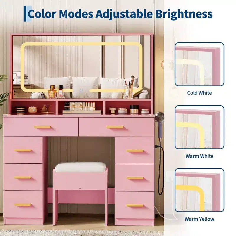 Coiffeuse avec grand miroir, table de maquillage blanche avec plateau en verre et 8 tiroirs, tabouret inclus pour chambre à coucher