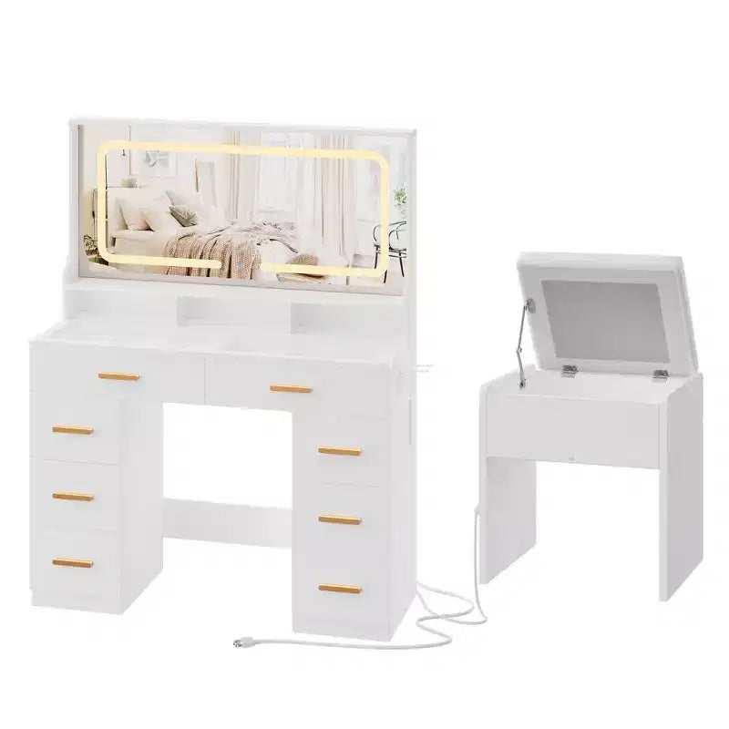 Coiffeuse avec grand miroir, table de maquillage blanche avec plateau en verre et 8 tiroirs, tabouret inclus pour chambre à coucher