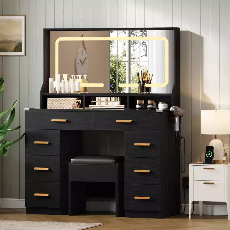 Coiffeuse avec grand miroir, table de maquillage blanche avec plateau en verre et 8 tiroirs, tabouret inclus pour chambre à coucher
