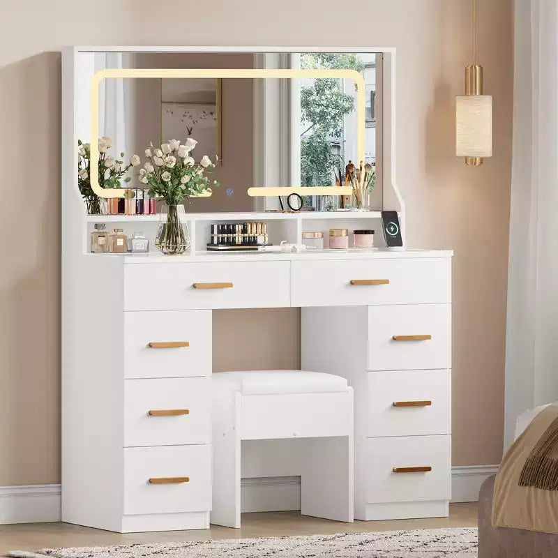 Coiffeuse avec grand miroir, table de maquillage blanche avec plateau en verre et 8 tiroirs, tabouret inclus pour chambre à coucher