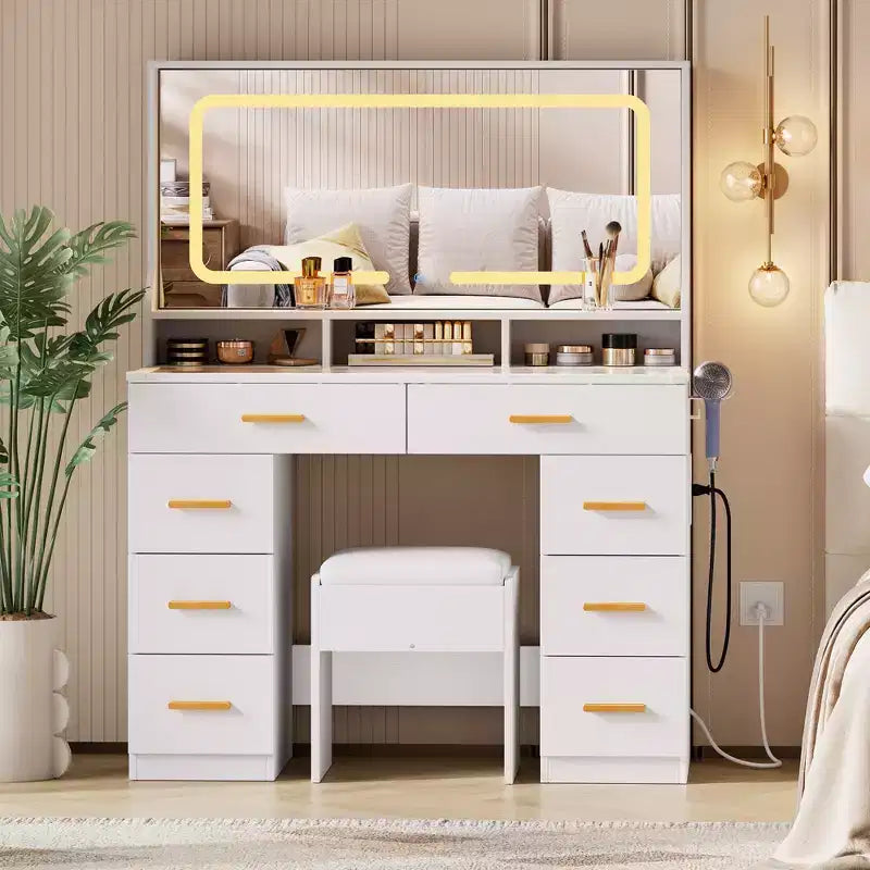 Coiffeuse avec grand miroir, table de maquillage blanche avec plateau en verre et 8 tiroirs, tabouret inclus pour chambre à coucher