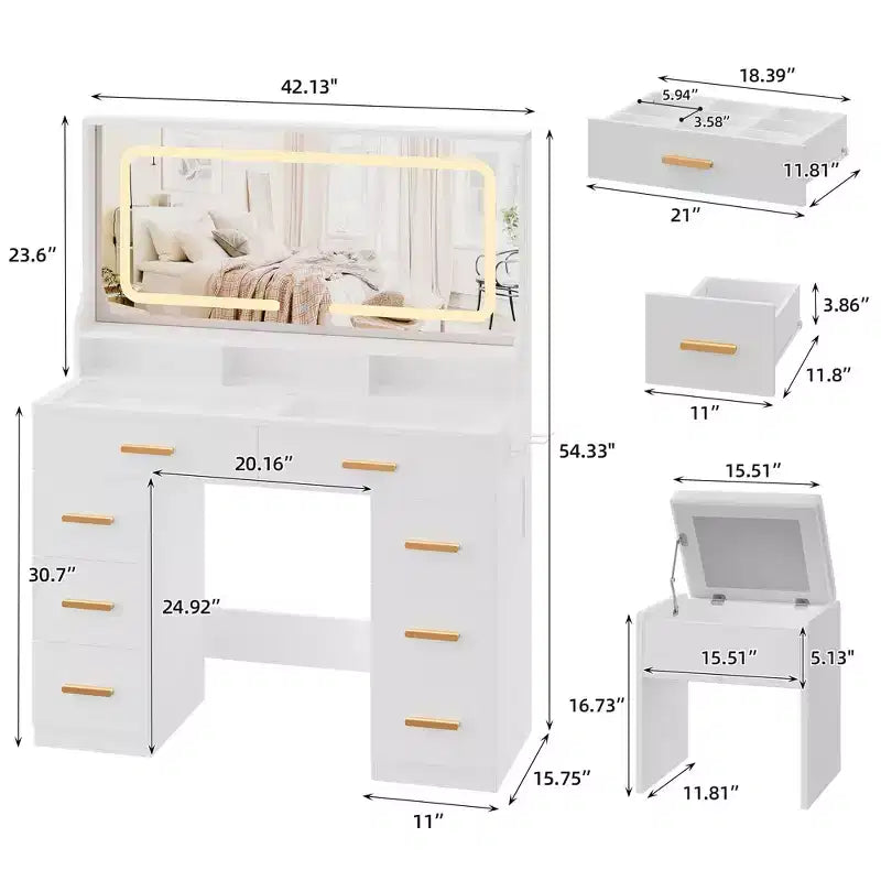 Coiffeuse avec grand miroir, table de maquillage blanche avec plateau en verre et 8 tiroirs, tabouret inclus pour chambre à coucher