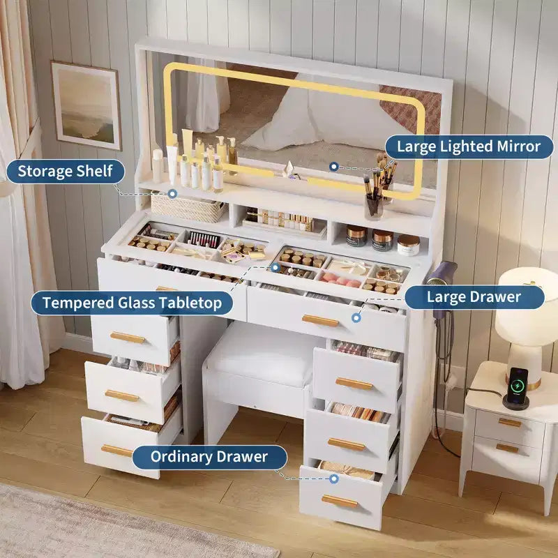 Coiffeuse avec grand miroir, table de maquillage blanche avec plateau en verre et 8 tiroirs, tabouret inclus pour chambre à coucher