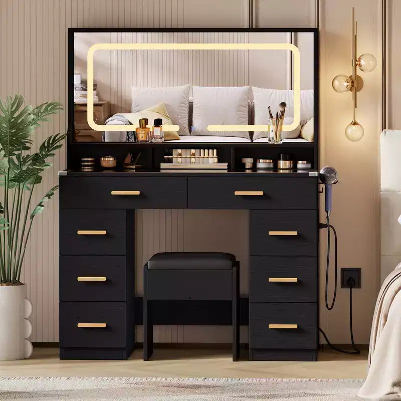 Coiffeuse avec grand miroir, table de maquillage blanche avec plateau en verre et 8 tiroirs, tabouret inclus pour chambre à coucher