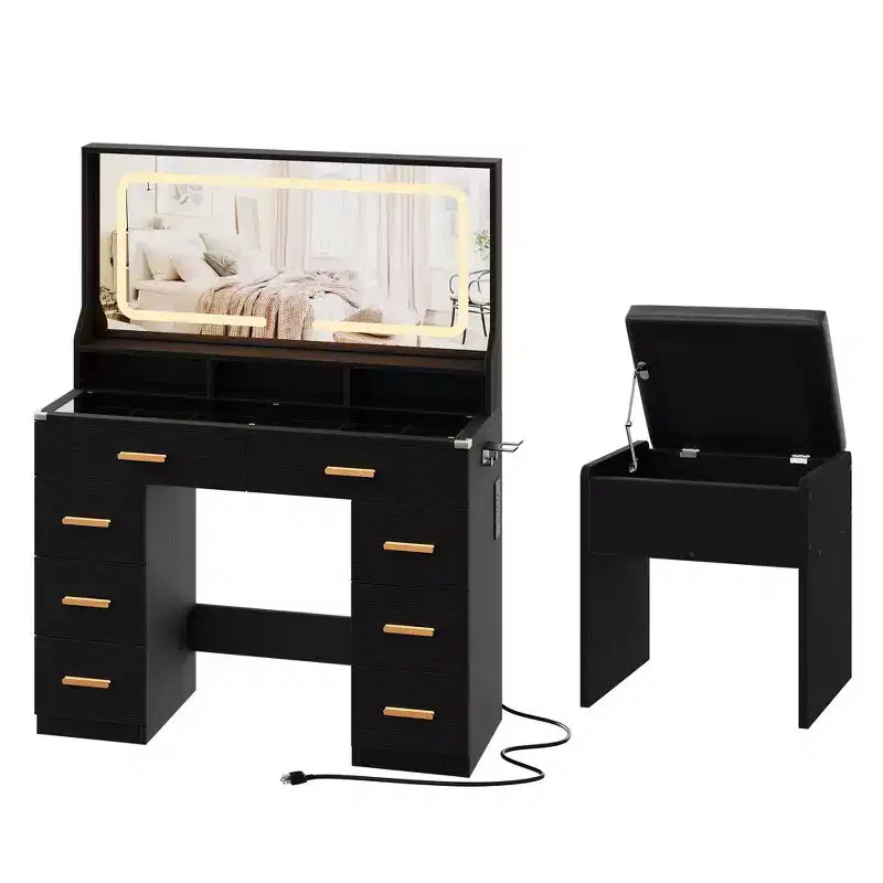 Coiffeuse avec grand miroir, table de maquillage blanche avec plateau en verre et 8 tiroirs, tabouret inclus pour chambre à coucher