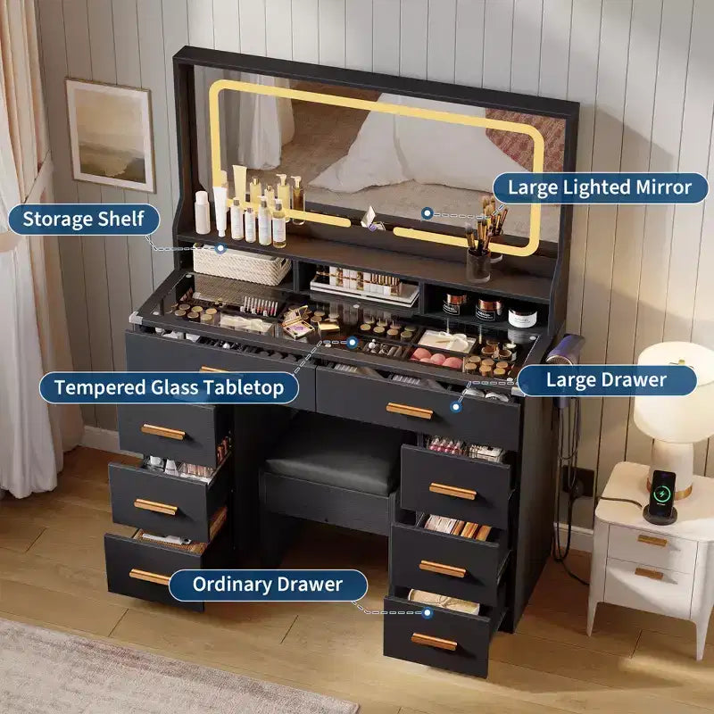 Coiffeuse avec grand miroir, table de maquillage blanche avec plateau en verre et 8 tiroirs, tabouret inclus pour chambre à coucher