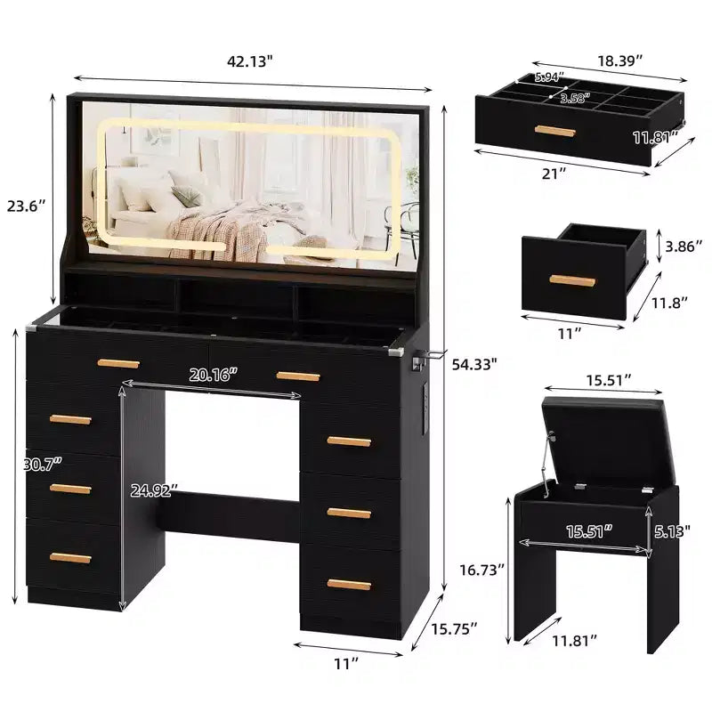 Coiffeuse avec grand miroir, table de maquillage blanche avec plateau en verre et 8 tiroirs, tabouret inclus pour chambre à coucher