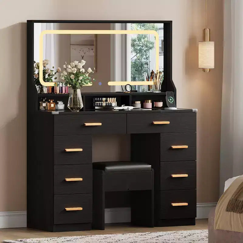 Vanity Desk with Large Mirror, White Makeup Table with Glass Top & 8 Drawers, Stool Included for Bedroom