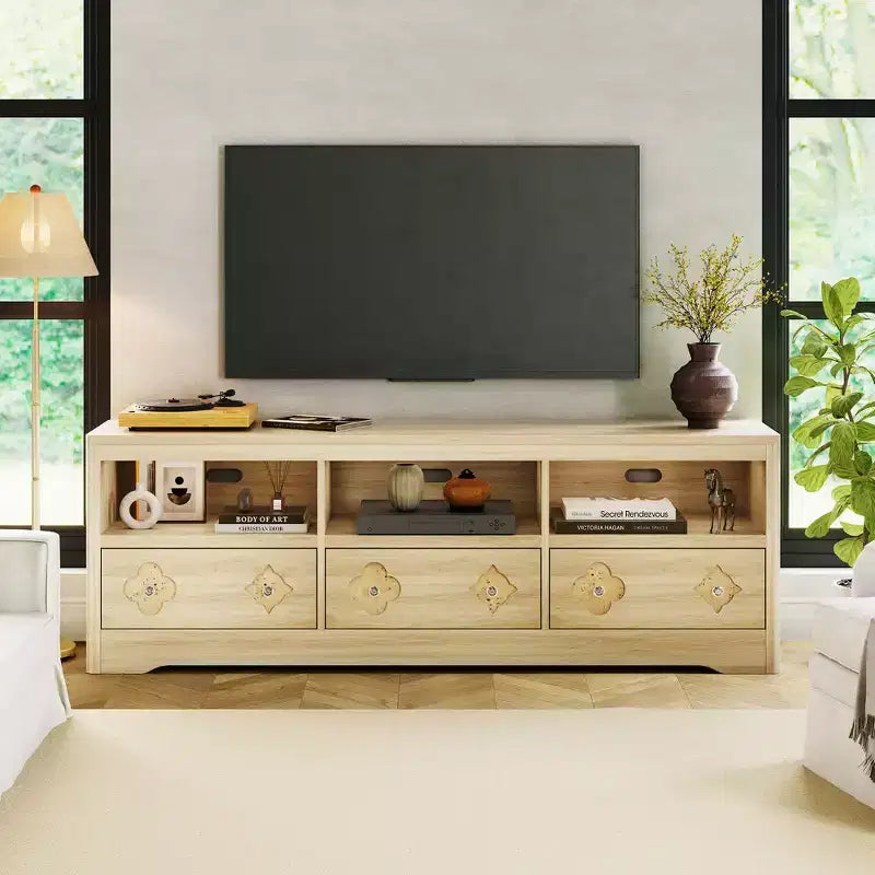 Meuble TV Acekool pour TV, console média du milieu du siècle avec tiroir sculpté pour salon
