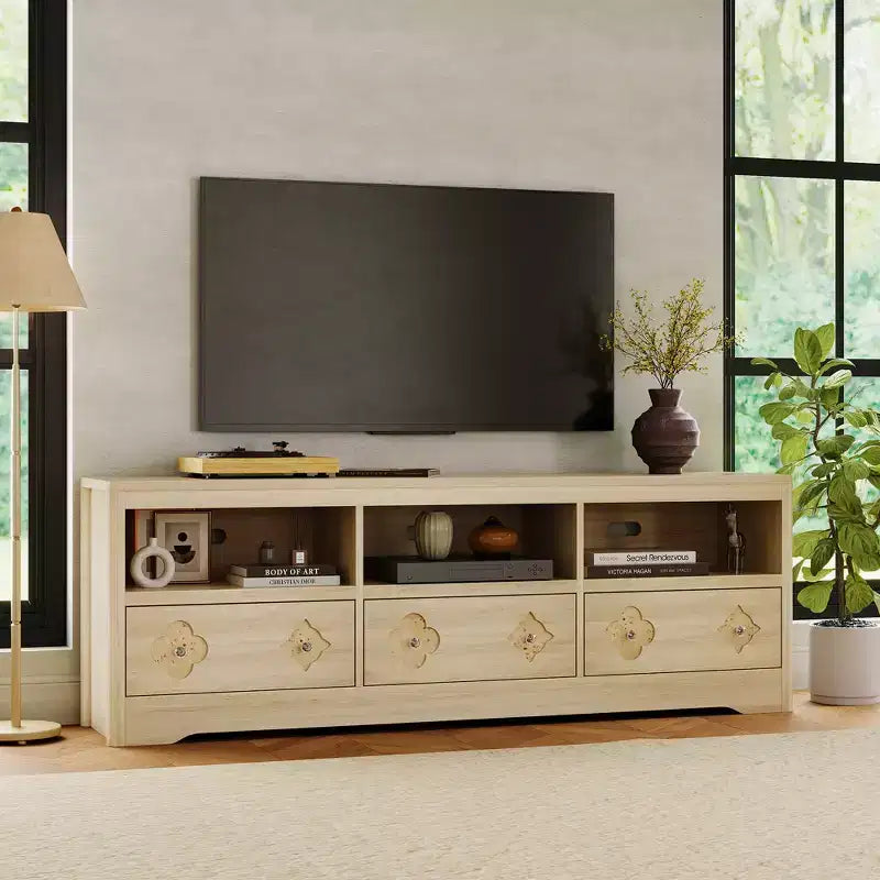 Meuble TV Acekool pour TV, console média du milieu du siècle avec tiroir sculpté pour salon