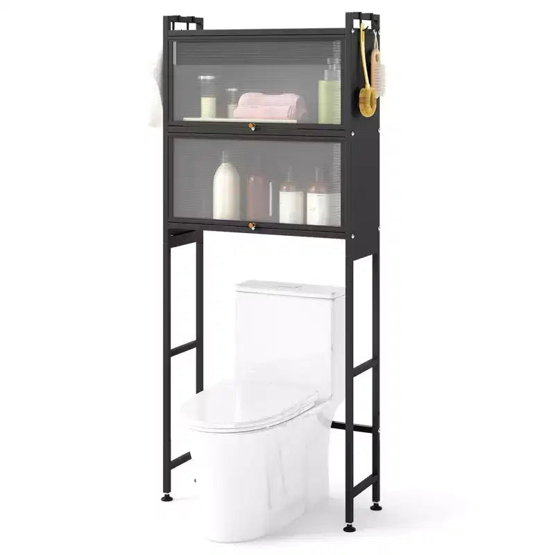 Meuble de Rangement de Salle de Bain Costway 66 avec 2 Armoires à Rabat, Portes Cannelées Transparentes, 4 Crochets Noir/Blanc