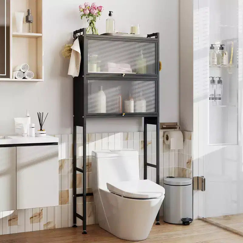 Meuble de Rangement de Salle de Bain Costway 66 avec 2 Armoires à Rabat, Portes Cannelées Transparentes, 4 Crochets Noir/Blanc