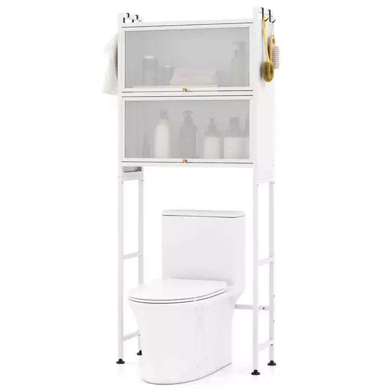 Meuble de Rangement de Salle de Bain Costway 66 avec 2 Armoires à Rabat, Portes Cannelées Transparentes, 4 Crochets Noir/Blanc
