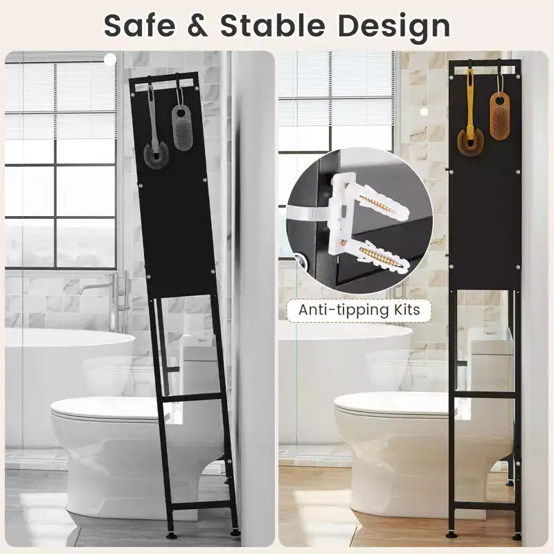 Meuble de Rangement de Salle de Bain Costway 66 avec 2 Armoires à Rabat, Portes Cannelées Transparentes, 4 Crochets Noir/Blanc