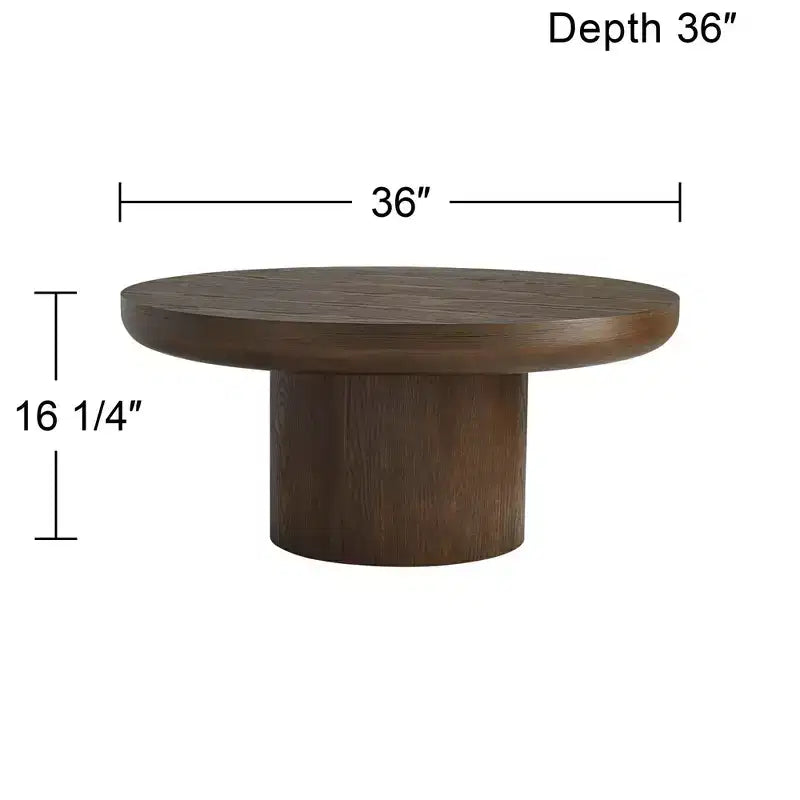 Table basse piédestal Regency Hill Owen 36 po en bois, style rustique moderne, finition noyer