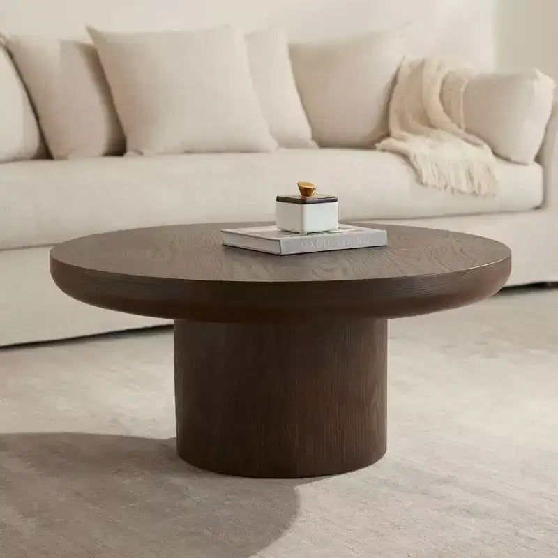 Table basse piédestal Regency Hill Owen 36 po en bois, style rustique moderne, finition noyer