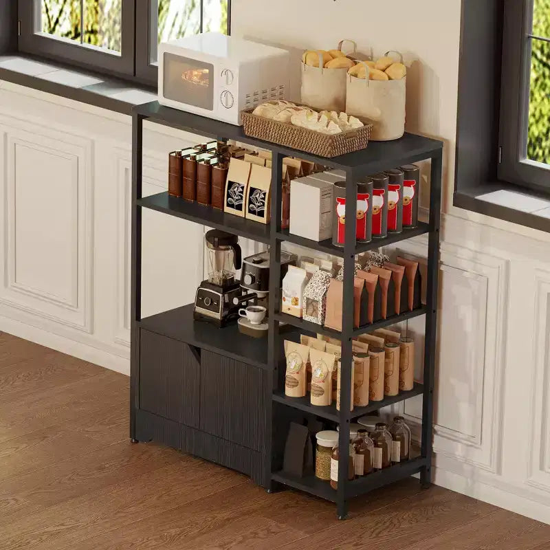 Étagère de cuisine à 5 niveaux avec armoire, support à micro-ondes autoportant de 97 cm et station de café, étagère de rangement pour cuisine, salon et bureau