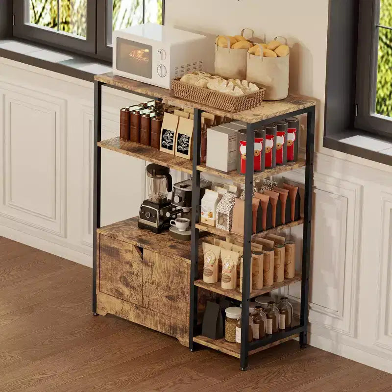 Étagère de cuisine à 5 niveaux avec armoire, support à micro-ondes autoportant de 97 cm et station de café, étagère de rangement pour cuisine, salon et bureau