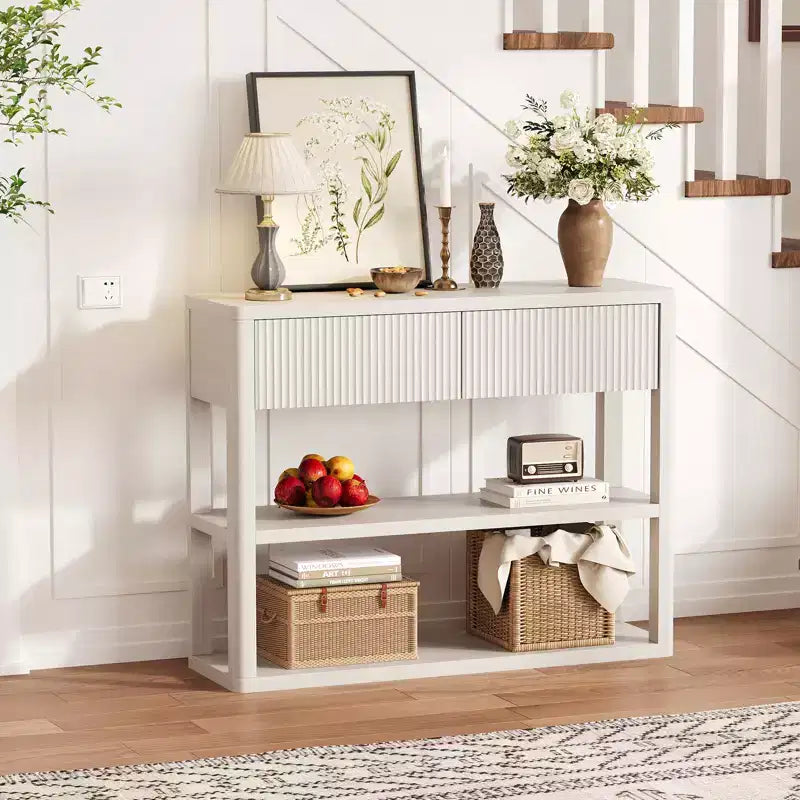 Fluted Console Table with 2 Drawers & 3-Tier Storage Shelves, Modern Entryway Sofa Table for Behind The Couch, Living Room, Entrance & Hallway