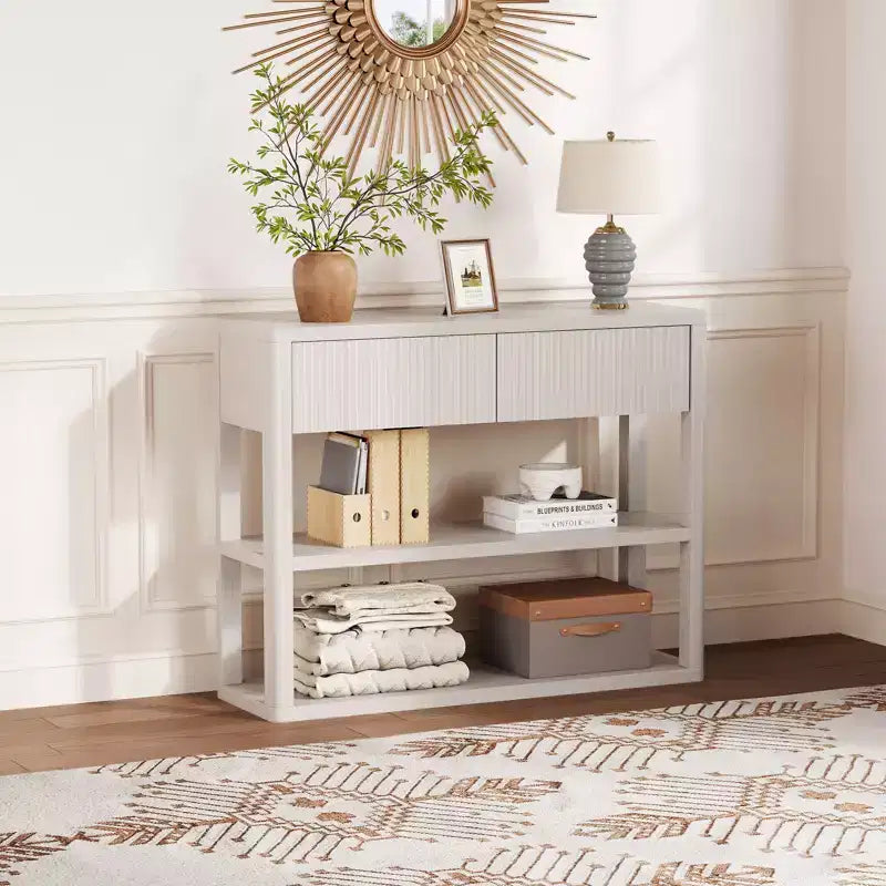 Console cannelée avec 2 tiroirs et 3 étagères de rangement, table de canapé moderne pour l'entrée, le salon, le couloir