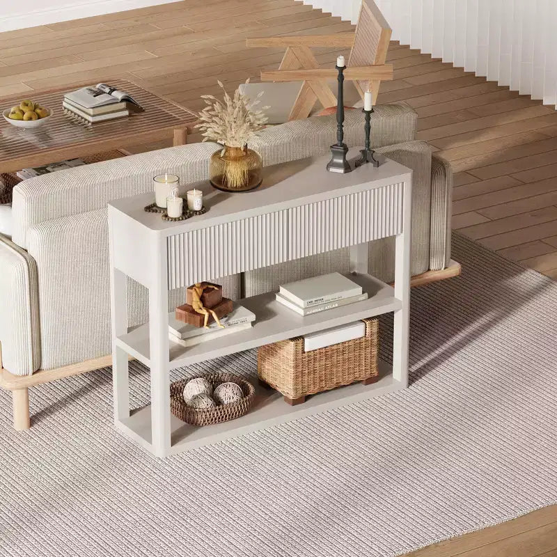 Console cannelée avec 2 tiroirs et 3 étagères de rangement, table de canapé moderne pour l'entrée, le salon, le couloir