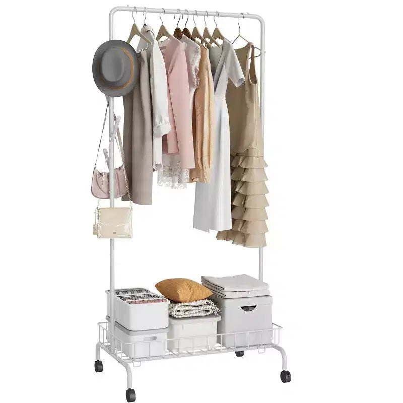 Acekool Rolling Metal Clothes Rack, Single-Bar Garment Organizer with Mesh Shelf for Hanging Clothes, White